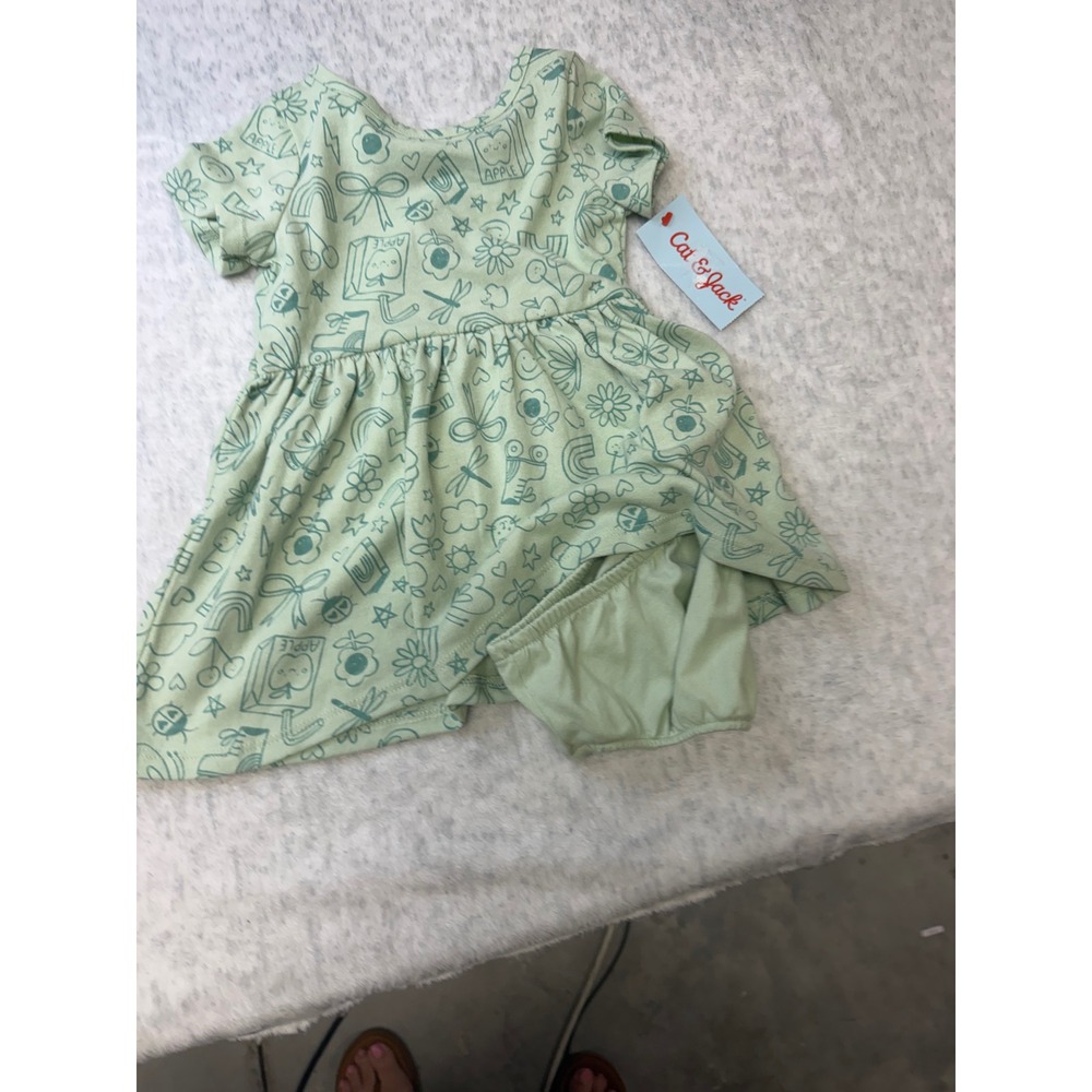 Cat & Jack Baby Girls 18M Light Sage Doodle Print Dress with Diaper Cover NWT